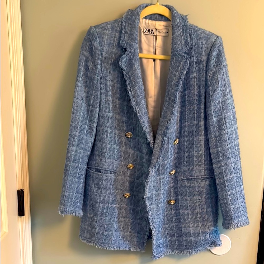 Zara Light Blue Tweed Double-Breasted Blazer